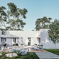 White Detached Villa With Swimming Pool Stone Pathway Lounge Chairs And Greenery