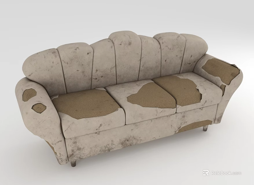 Group of People Examining Worn Out Beige Fabric Sofa With Stains and Tears 3d model 