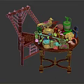 Traditional Red Wooden Table And Chair Set With Decorative Items Teacups Jars And Fruits