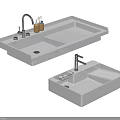 Modern White Washbasin Designs with Faucet Drainboard and Toiletries on Countertop