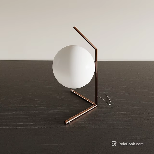Modern Table Lamp With Copper Metal Stand And White Globe Shade On Dark Wooden Table 3d model 