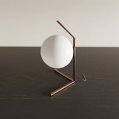 Modern Table Lamp With Copper Metal Stand And White Globe Shade On Dark Wooden Table 3d model