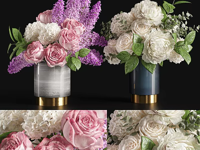Elegant Marble Vase With Gold Base Holding Pink Roses White Peonies And Green Leaves 3d model