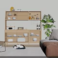 Wooden Sideboard with Dishes Decorations and Appliance in Living Room with Plant Cat and Sofa