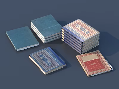 Various Stacked Books With Colorful Covers And Diverse Design Elements On Gray Background 3d model