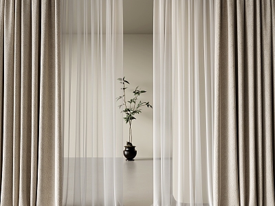 Beige Curtain Cloth Curtain Milk Tea Curtain Gauze Curtain 3d model