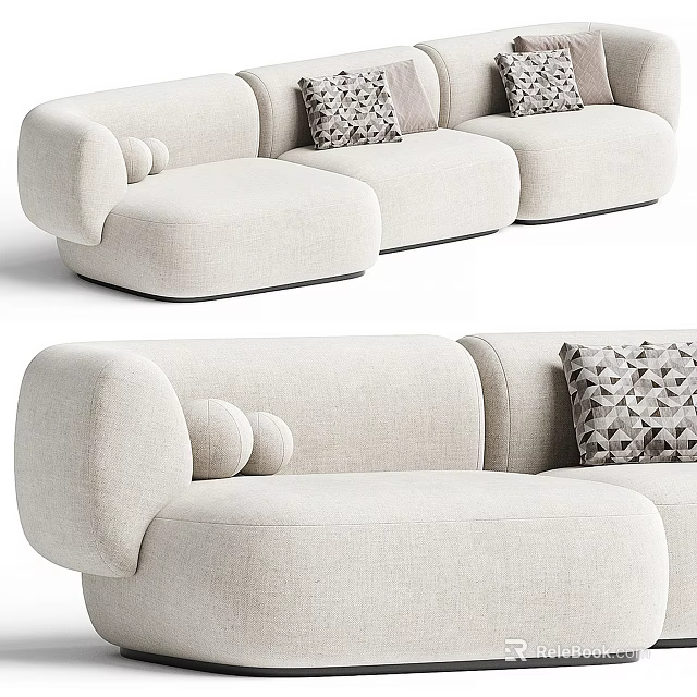 Modern Light Colored Sectional Sofa with Fabric Upholstery Rounded Armrests and Geometric Pattern Pillows 3d model 