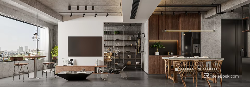 Modern Living Dining Room Interior With TV Wall Bookshelf Green Plant And Wooden Furniture 3d model 