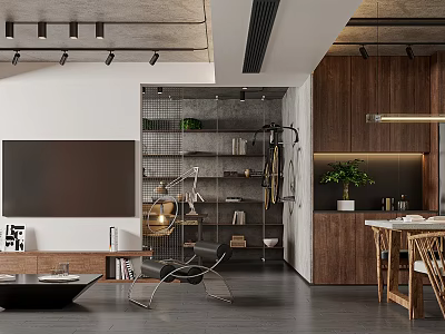 Modern Living Dining Room Interior With TV Wall Bookshelf Green Plant And Wooden Furniture 3d model