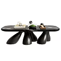 Modern Unique Design Coffee Table Featuring Black Curved Legs Marble Top and Decorative Books Plants