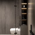 Modern Bathroom Interior With Round Mirror Glass Shower Gray Tiles Vanity And Ambient Lighting