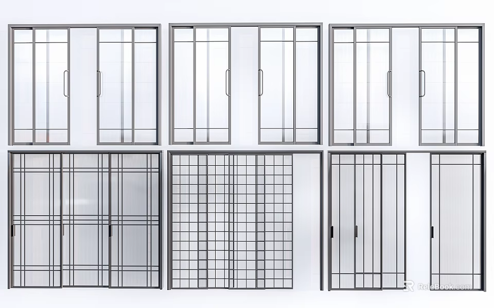 Various Design Sliding Doors With Glass Panels And Grid Patterns For Home Interior 3d model