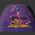 Cute Cartoon Magical Cottage Scene With Purple Spiral Decor Steps And Yellow Flowers