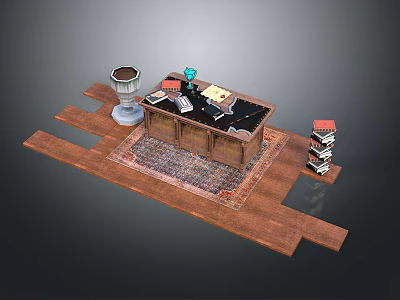 Stylish Wooden Desk Furniture With Patterned Rug Green Lamp Desk Stationery And Stack Of Books 3d model