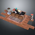 Stylish Wooden Desk Furniture With Patterned Rug Green Lamp Desk Stationery And Stack Of Books