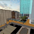 Traditional And Modern Architecture Commercial Street With Pedestrians Outdoor Seating Trees And High Rise Buildings