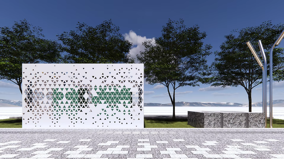 White Perforated Landscape Feature Wall With Trees And Distant Mountain View 3d model