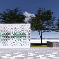 White Perforated Landscape Feature Wall With Trees And Distant Mountain View 3d model