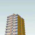 Tall Yellow And Beige Residential Building With Multiple Balconies And Ground Floor Entrance