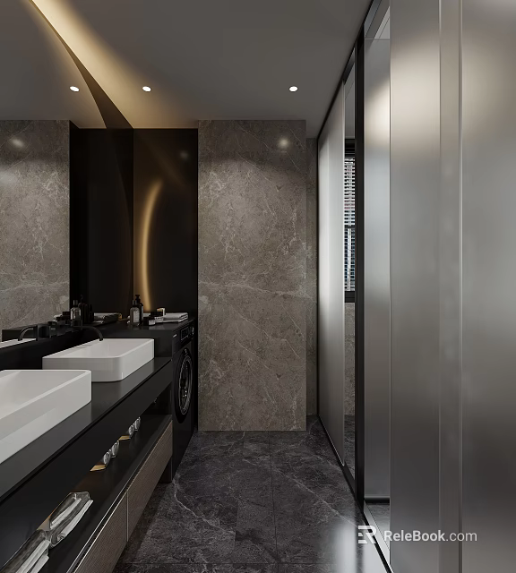 Modern Luxury Dark Marble Bathroom With Double Vessel Sinks And Built In Washing Machine 3d model 