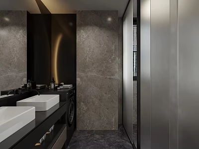 Modern Luxury Dark Marble Bathroom With Double Vessel Sinks And Built In Washing Machine 3d model