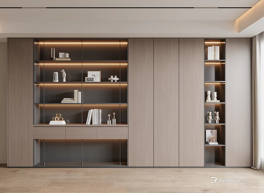 Modern Built In Bookcase Design With Storage Shelves Lighting And Decorative Items 3d model 