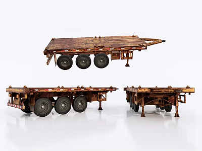 Rusty Flatbed Trailer With Multiple Wheels Displayed In Different Angles 3d model