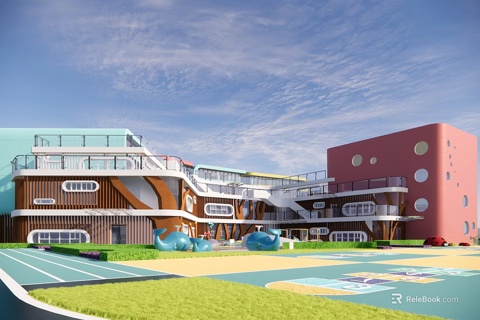 Modern Kindergarten With Colorful Building Playground Green Lawn And Blue Whale Sculptures 3d model 