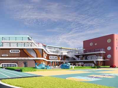 Modern Kindergarten With Colorful Building Playground Green Lawn And Blue Whale Sculptures 3d model