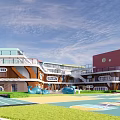 Modern Kindergarten With Colorful Building Playground Green Lawn And Blue Whale Sculptures