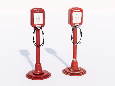 Two Red Vertical Industrial Equipment With Display Screens Connecting Cables And Sturdy Bases 3d model