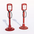 Two Red Vertical Industrial Equipment With Display Screens Connecting Cables And Sturdy Bases
