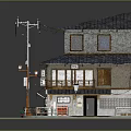 Cartoon Scene Traditional Japanese Two Story Building Shop With Front Awning Street Lamp And Balcony