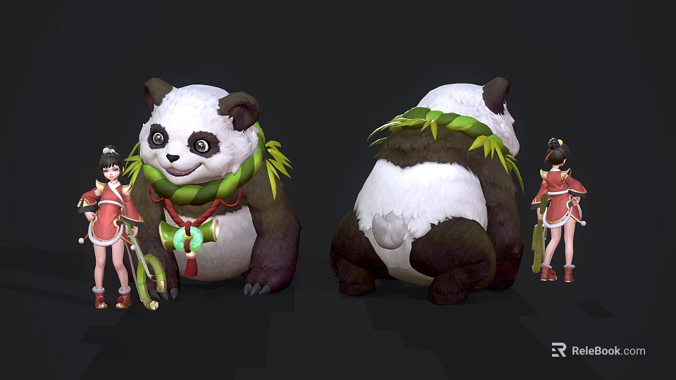 Game and Movie Character Panda with Bamboo Leaf Decoration and Red Outfit Girl 3d model 