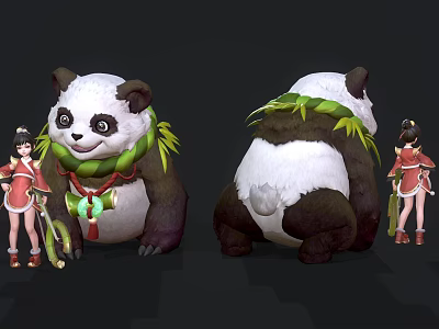 Game and Movie Character Panda with Bamboo Leaf Decoration and Red Outfit Girl 3d model