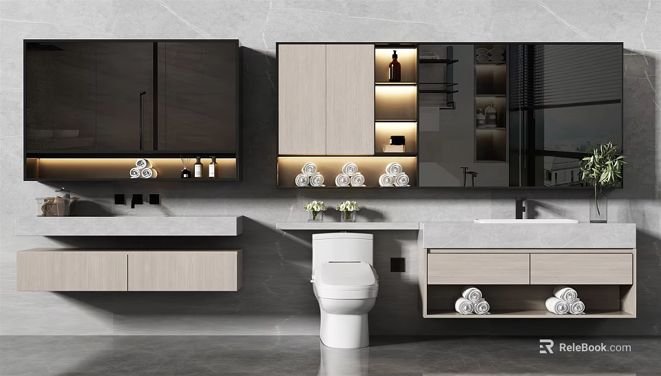 Modern Bathroom Vanity Design With Grey Wall Cabinet Storage And Mirror 3d model 
