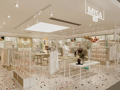 MISA Modern Clothing Store With Clothing Racks Mannequins Display Shelves And Bright Lighting 3d model