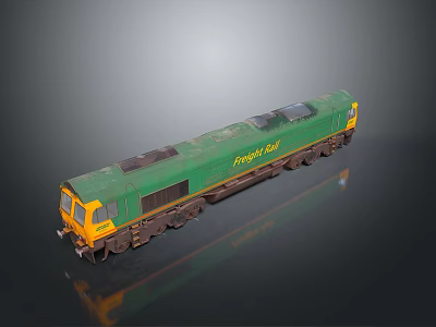 Green Railfreight Freight Train Model With Yellow Front On Dark Reflective Background 3d model