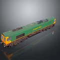 Green Railfreight Freight Train Model With Yellow Front On Dark Reflective Background