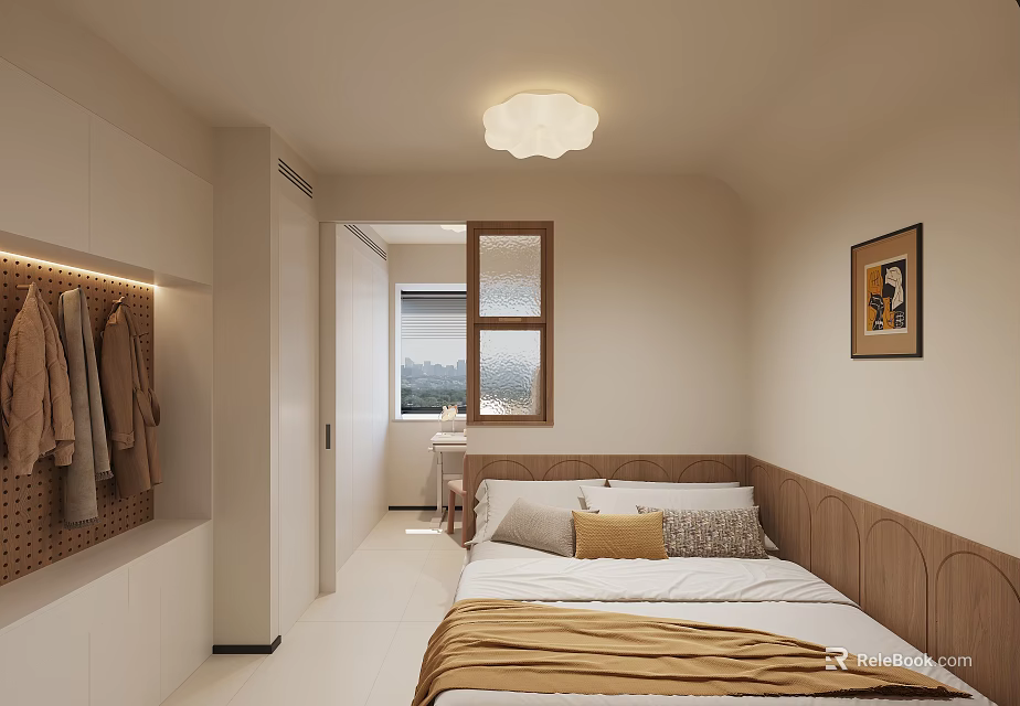 Kids Room Interior With Wooden Headboard Soft Bedding Wall Art And Ceiling Light 3d model 