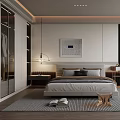 Modern Bedroom Interior With Bed Nightstand Rug Artwork And Window Blinds