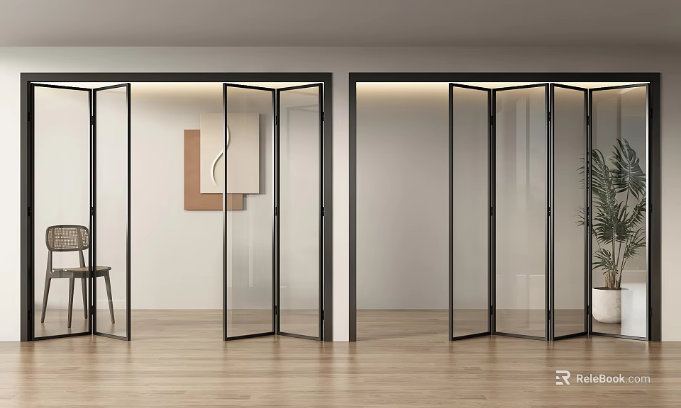 Modern Glass Folding Doors With Black Frame For Contemporary Interior Living Space 3d model 