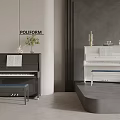 Elegant POLIFORM Black And White Acoustic Pianos With Music Sheets And Stools