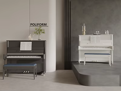 Elegant POLIFORM Black And White Acoustic Pianos With Music Sheets And Stools 3d model