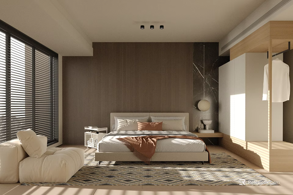 Modern Bedroom Interior With Wooden Wall Large Bed Blinds Beige Armchair And Area Rug 3d model 