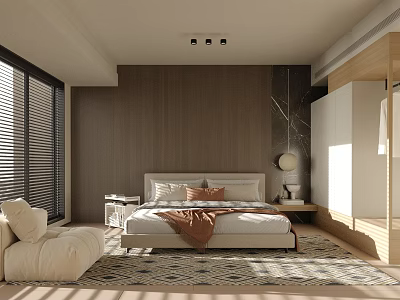 Modern Bedroom Interior With Wooden Wall Large Bed Blinds Beige Armchair And Area Rug 3d model