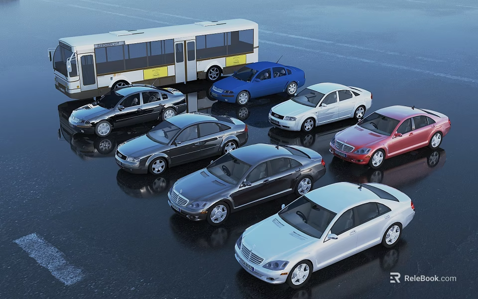 Various Cars In Different Colors And Styles With A Bus Parked On Wet Ground 3d model 