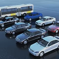 Various Cars In Different Colors And Styles With A Bus Parked On Wet Ground