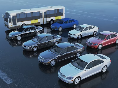 Various Cars In Different Colors And Styles With A Bus Parked On Wet Ground 3d model