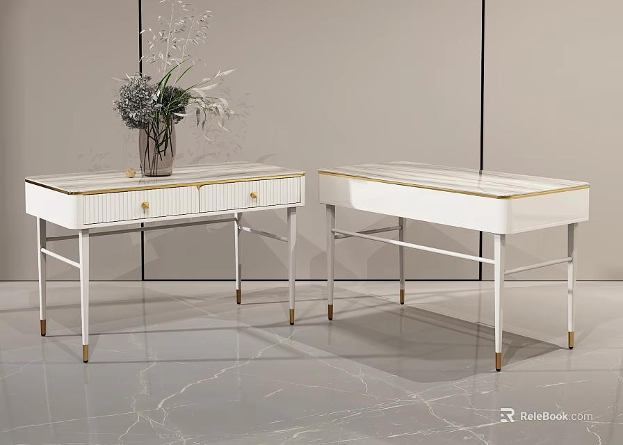 Modern White Desks with Gold Accents Metal Legs Drawers and Vase Decoration 3d model 